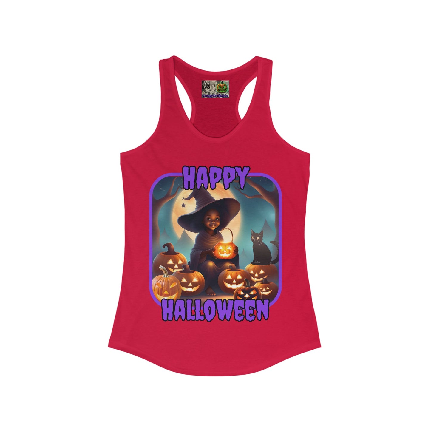 Happy Halloween Cute Witch Purple font Women's Racerback Tank Top by CreepyCrafts.boo