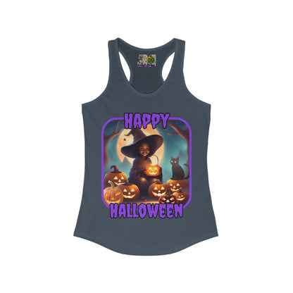 Happy Halloween Cute Witch Purple font Women's Racerback Tank Top by CreepyCrafts.boo