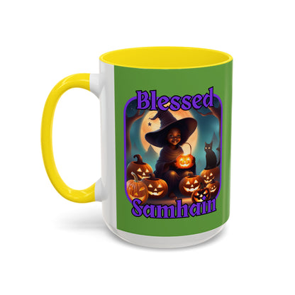 Blessed Samhain Cute Witch Purple font Green Accent Mug by CreepyCrafts.boo