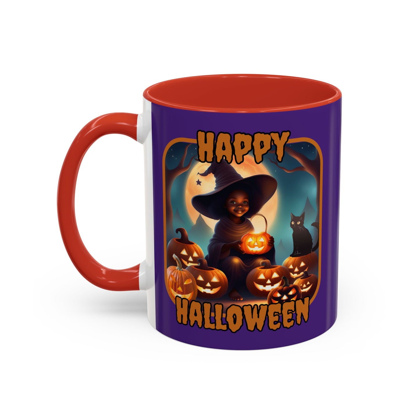 Happy Halloween Cute Witch Orange font Purple Accent Mug by CreepyCrafts.boo