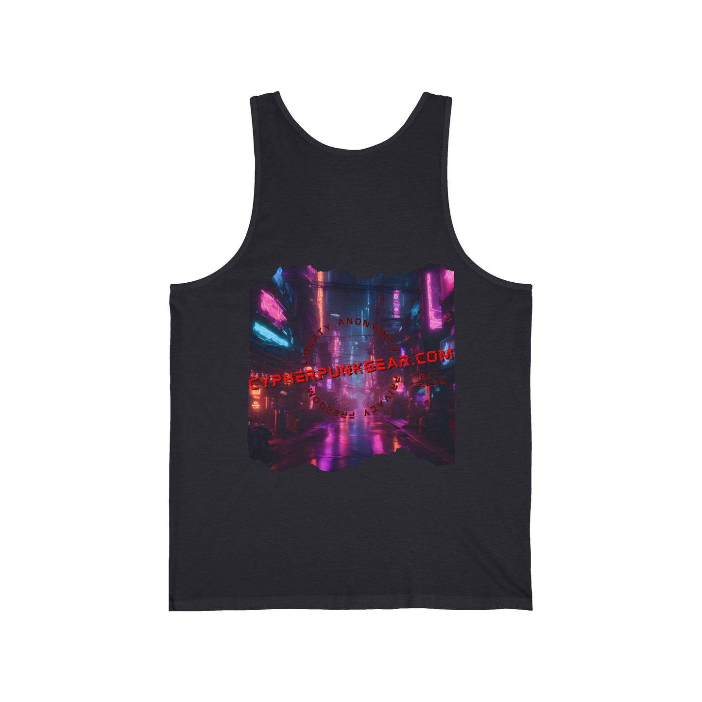 2-sided, cypherpunkgear.com Logo & Cityscape Unisex Jersey Tank Top by cypherpunkgear.com