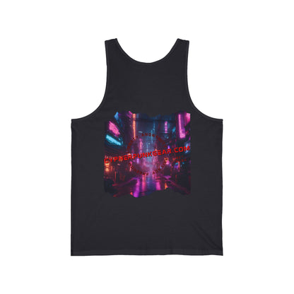2-sided, cypherpunkgear.com Logo & Cityscape Unisex Jersey Tank Top by cypherpunkgear.com