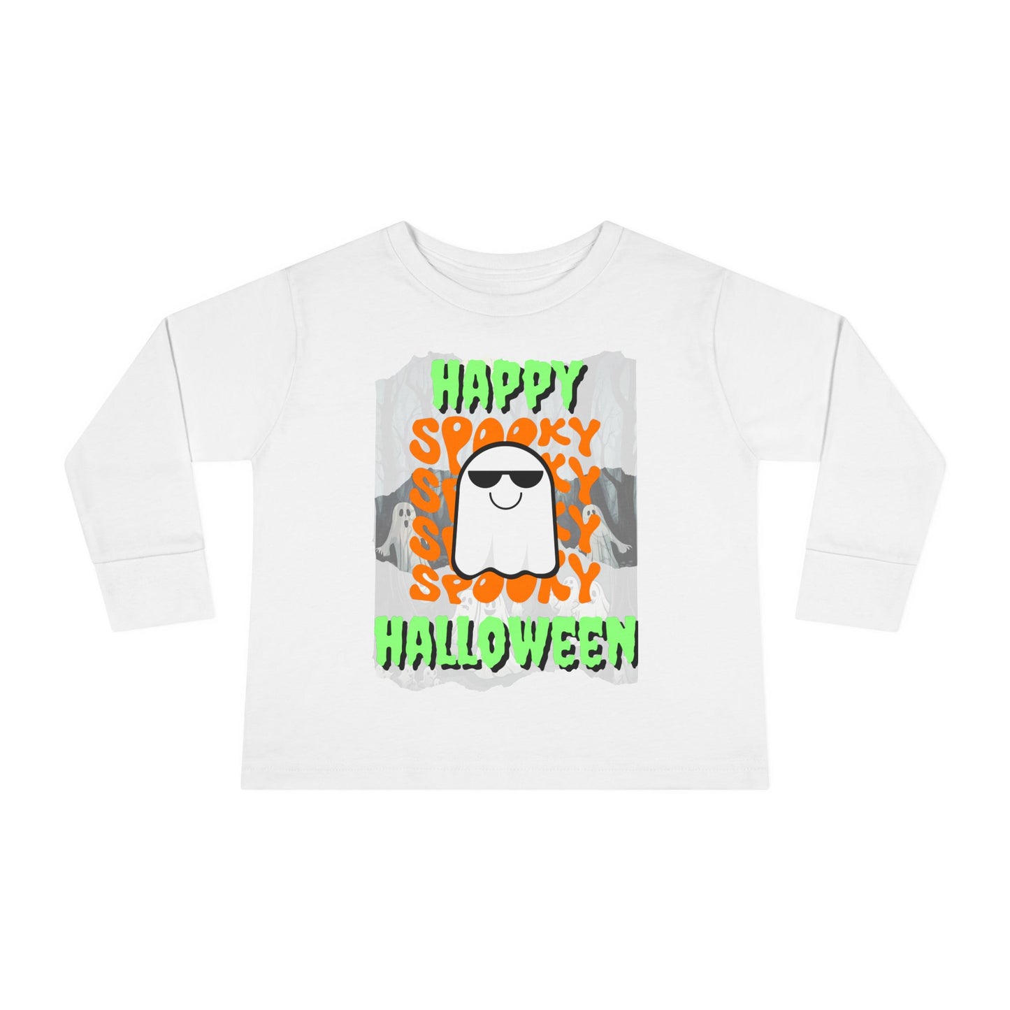 Spooky Happy Halloween Ghost Green font Toddler Long Sleeve Tee by CreepyCrafts.boo