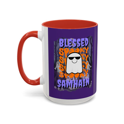 Spooky Blessed Samhain Ghost Purple font Accent Mug by CreepyCrafts.boo