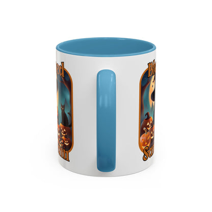 Blessed Samhain Cute Witch Orange font White Accent Mug by CreepyCrafts.boo