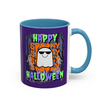 Spooky Happy Halloween Ghost Mixed font Purple Accent Mug by CreepyCrafts.boo
