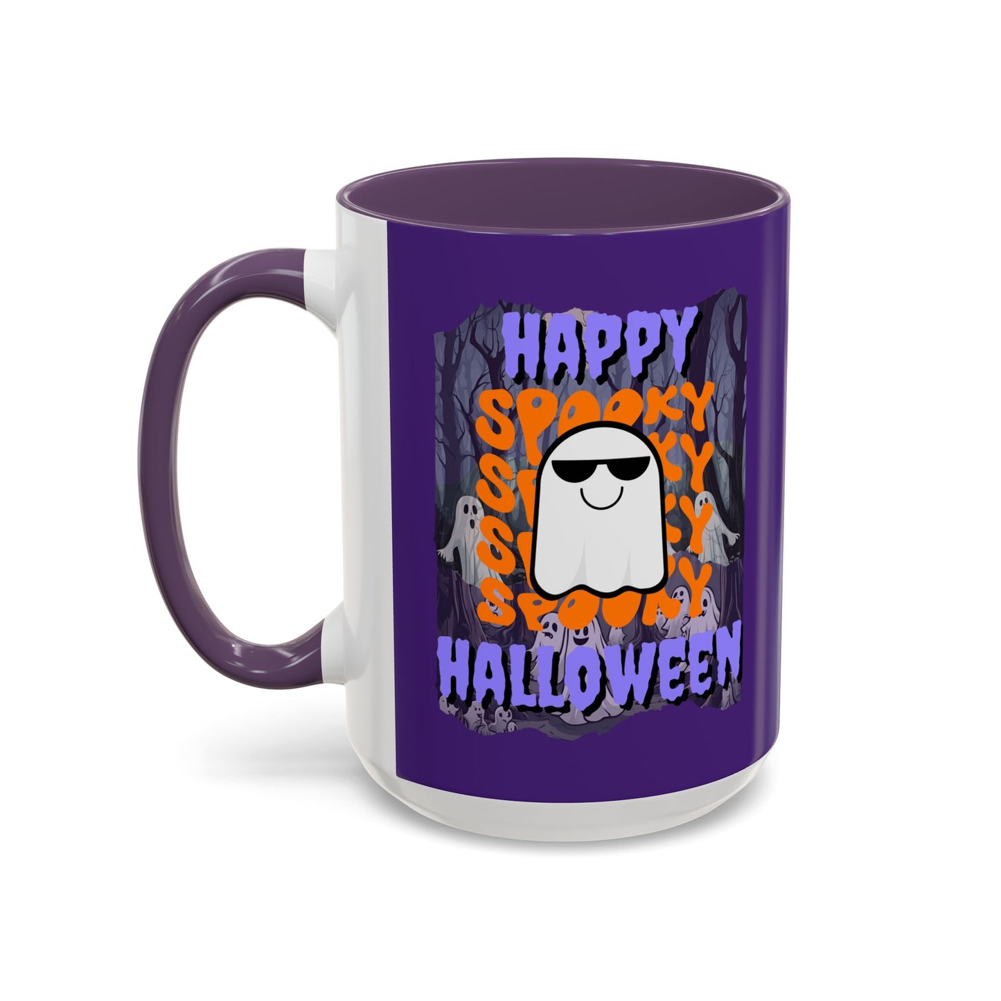 Spooky Happy Halloween Ghost Purple font Purple Accent Mug by CreepyCrafts.boo