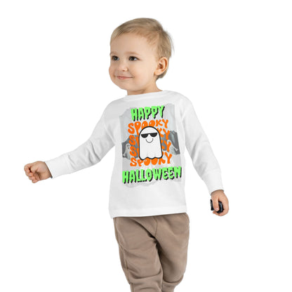 Spooky Happy Halloween Ghost Green font Toddler Long Sleeve Tee by CreepyCrafts.boo