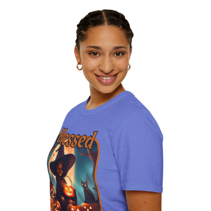 Blessed Samhain Cute Witch Orange font Light colors Unisex T-Shirt by CreepyCrafts.boo