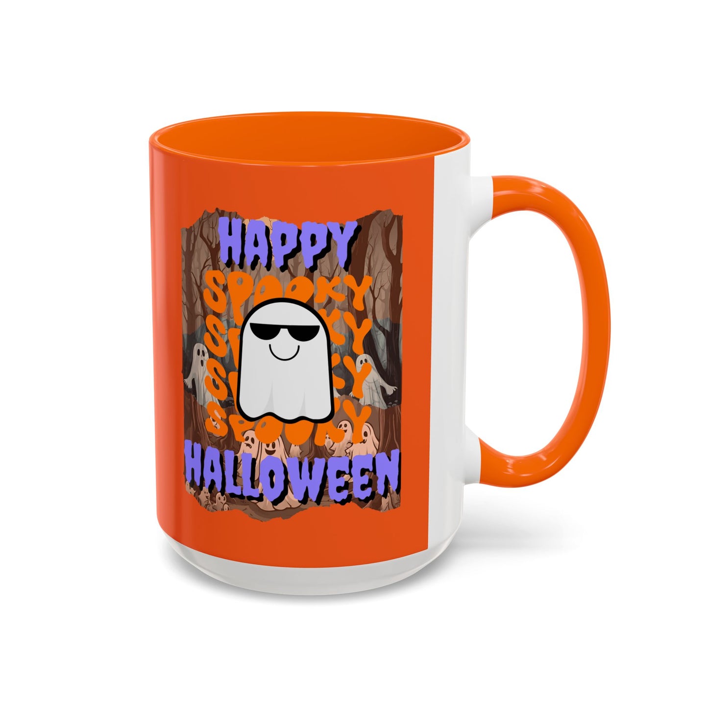 Spooky Happy Halloween Ghost Purple font Orange Accent Mug by CreepyCrafts.boo