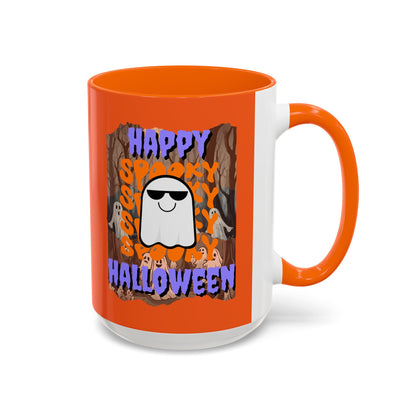 Spooky Happy Halloween Ghost Purple font Orange Accent Mug by CreepyCrafts.boo