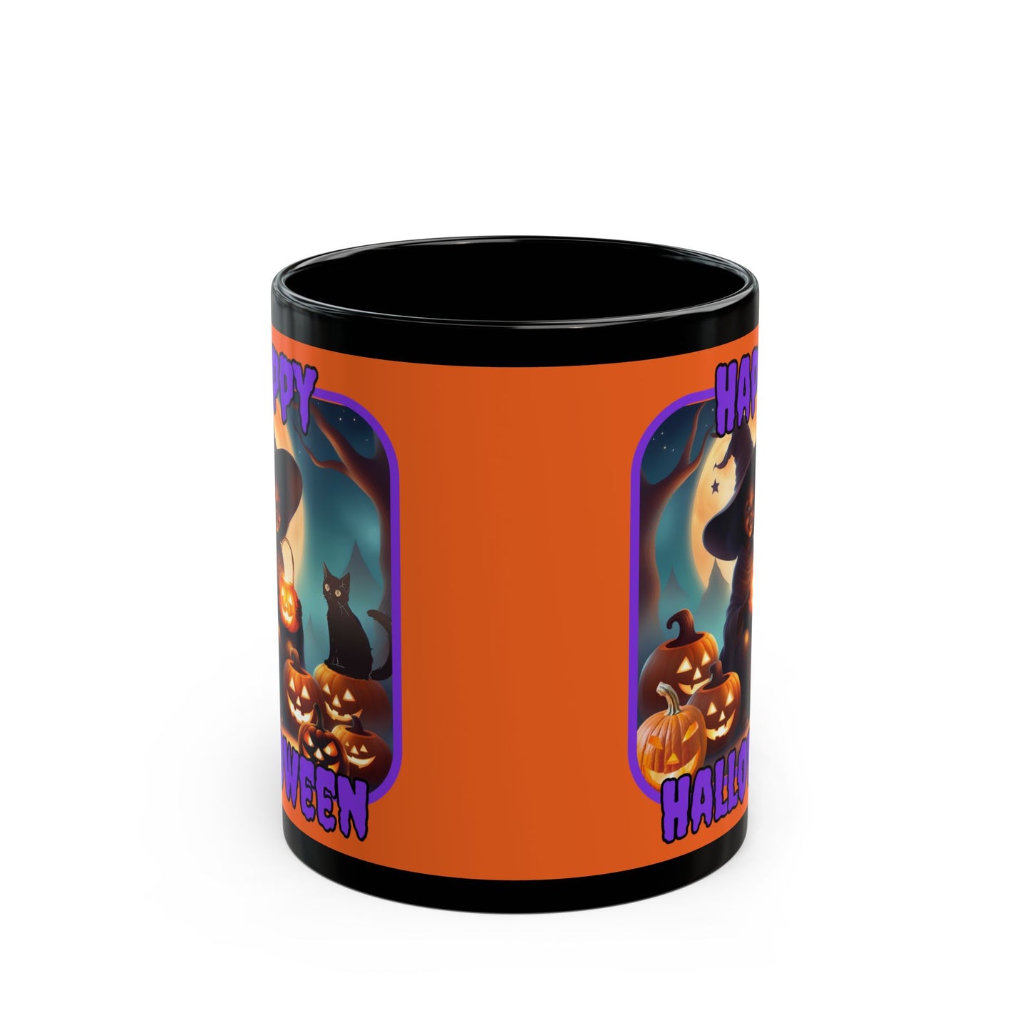 Happy Halloween Cute Witch Purple font Orange Mug by CreepyCrafts.boo