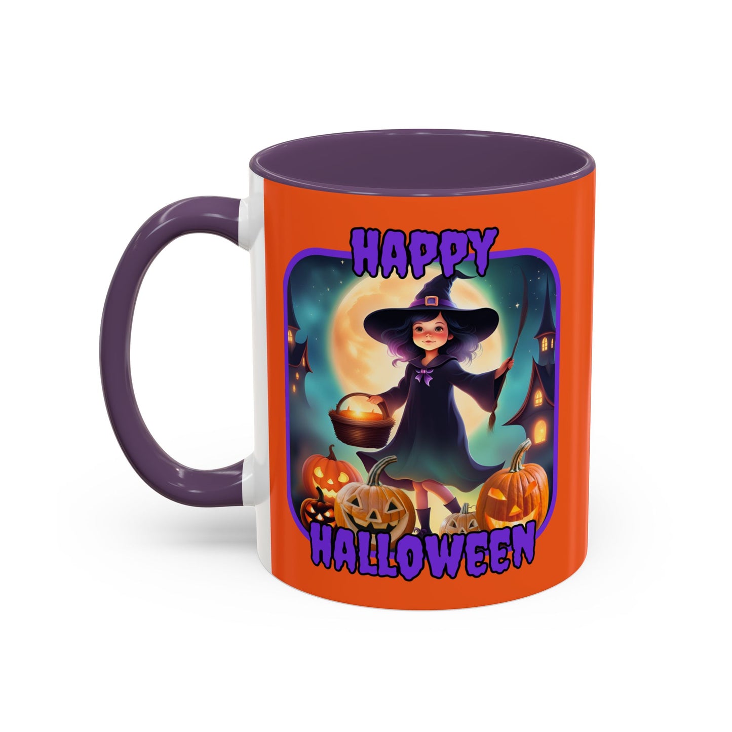 Happy Halloween Little Witch Purple font Orange Accent Mug by CreepyCrafts.boo
