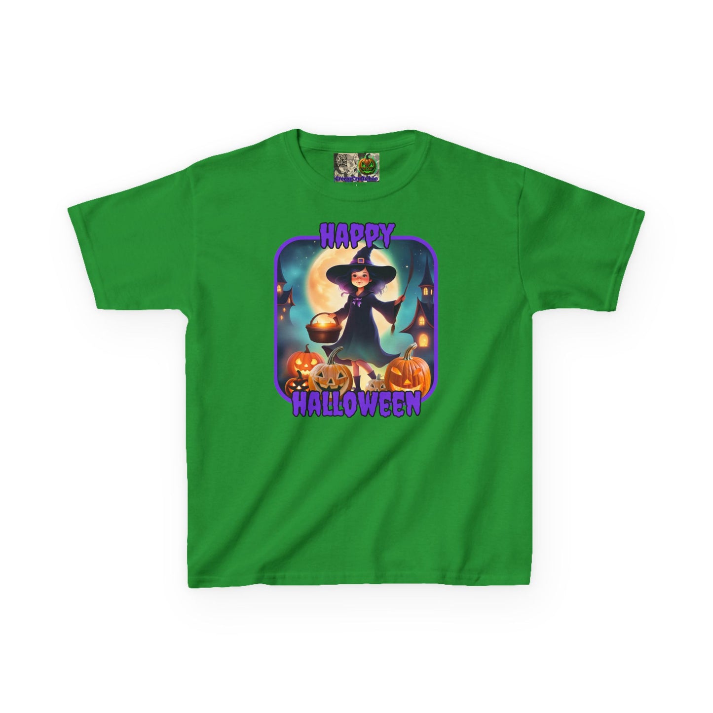 Happy Halloween Little Witch Purple font Kids Heavy Cotton™ Tee by CreepyCrafts.boo