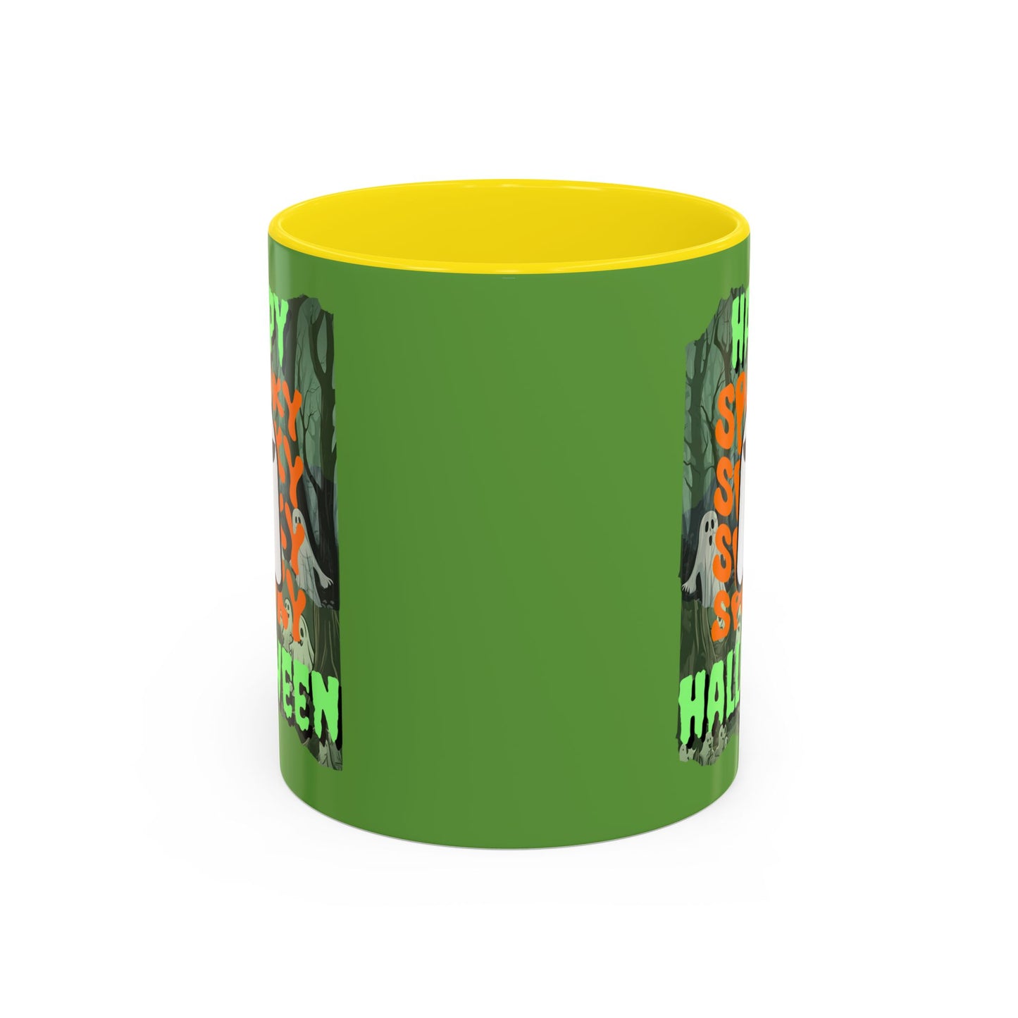 Spooky Happy Halloween Ghost Green font Green Accent Mug by CreepyCrafts.boo