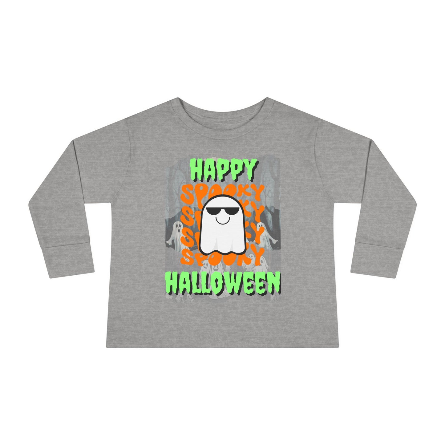 Spooky Happy Halloween Ghost Green font Toddler Long Sleeve Tee by CreepyCrafts.boo