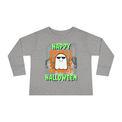 Spooky Happy Halloween Ghost Green font Toddler Long Sleeve Tee by CreepyCrafts.boo