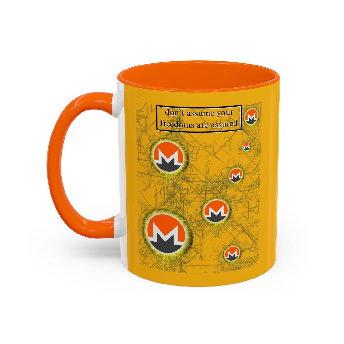 Monero (XMR) don't assume your freedoms are assured Yellow Accent Mug by cypherpunkgear.com