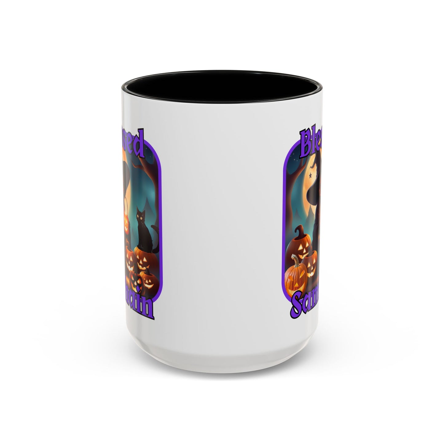 Blessed Samhain Cute Witch Purple font White Accent Mug by CreepyCrafts.boo