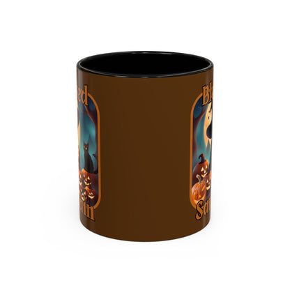 Blessed Samhain Cute Witch Orange font Brown Accent Mug by CreepyCrafts.boo