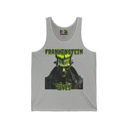 Frankenstein Lives Unisex Jersey Tank Top by CreepyCrafts.boo