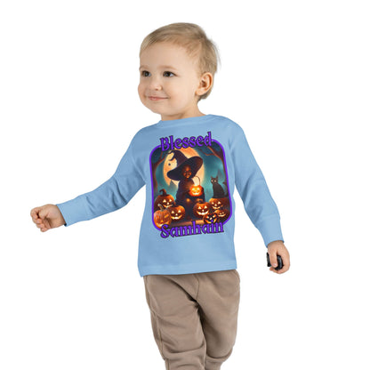 Blessed Samhain Cute Witch Purple font Toddler Long Sleeve Tee by CreepyCrafts.boo