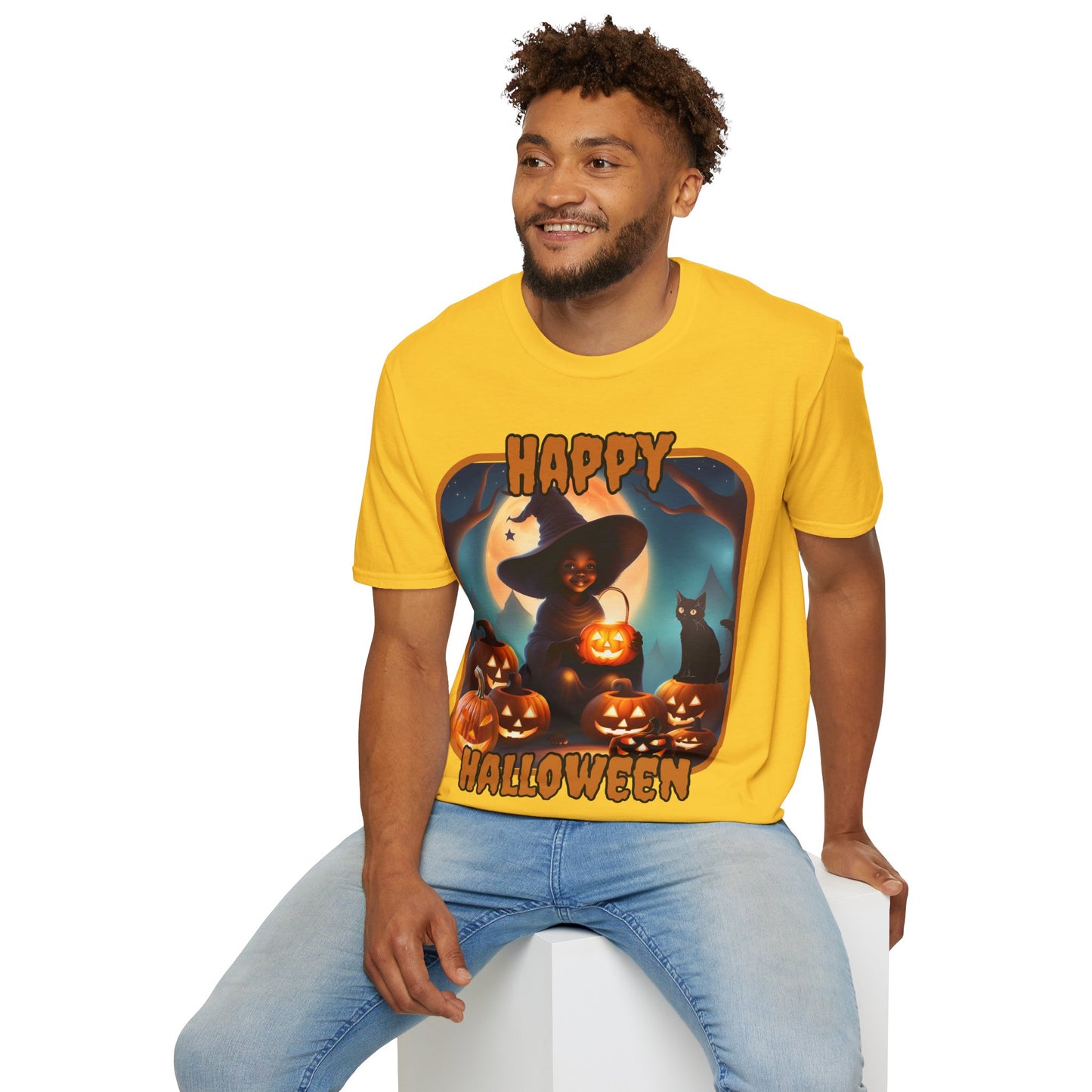 Happy Halloween Cute Witch Orange font, Light colors, Unisex T-Shirt by CreepyCrafts.boo