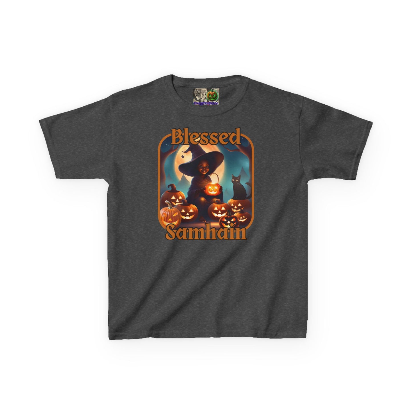 Blessed Samhain Cute Witch Orange font Kids Heavy Cotton™ Tee by CreepyCrafts.boo