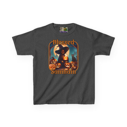 Blessed Samhain Cute Witch Orange font Kids Heavy Cotton™ Tee by CreepyCrafts.boo