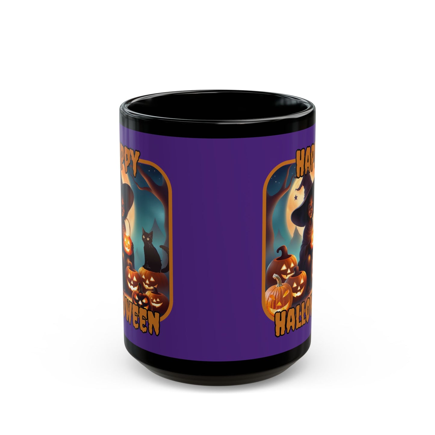 Happy Halloween Cute Witch Orange font Purple Mug by CreepyCrafts.boo