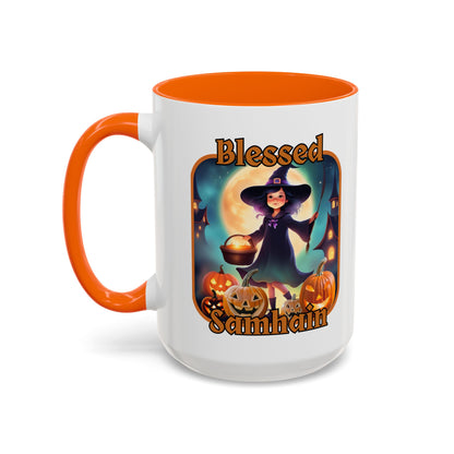 Blessed Samhain Little Witch Orange font White Accent Mug by CreepyCrafts.boo
