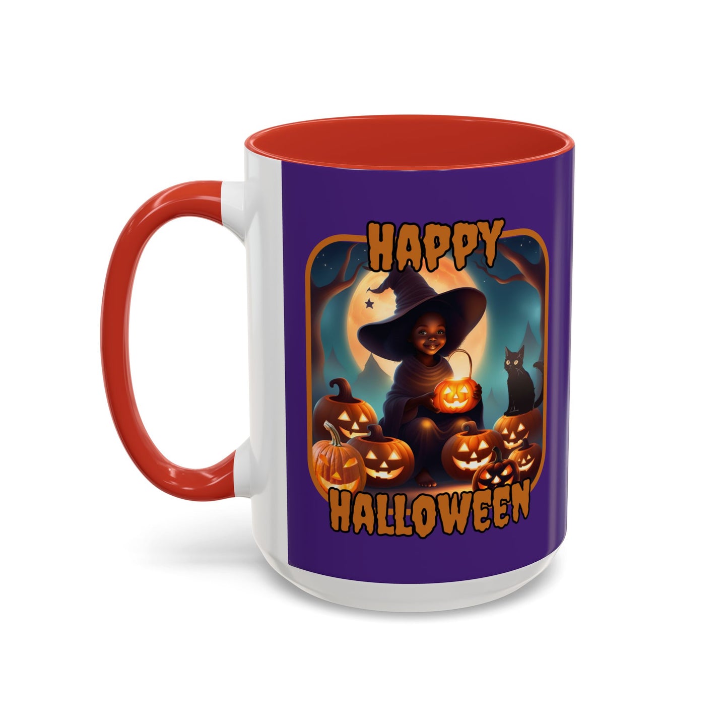 Happy Halloween Cute Witch Orange font Purple Accent Mug by CreepyCrafts.boo