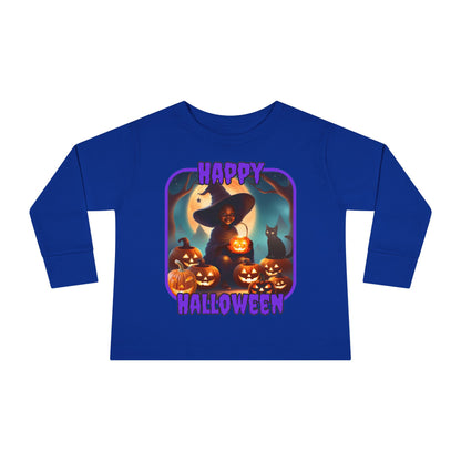 Happy Halloween Cute Witch Purple font Toddler Long Sleeve Tee by CreepyCrafts.boo