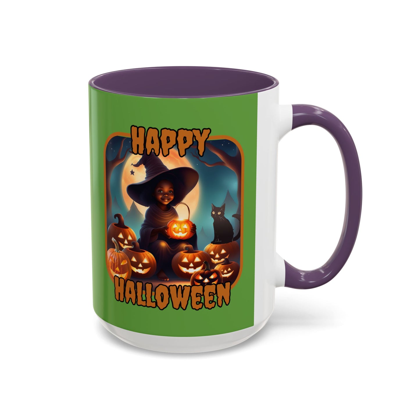 Happy Halloween Cute Witch Orange font Green Accent Mug by CreepyCrafts.boo