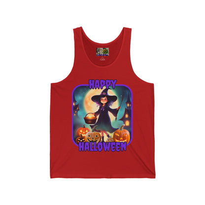 Happy Halloween Little Witch Purple font Unisex Jersey Tank Top by CreepyCrafts.boo
