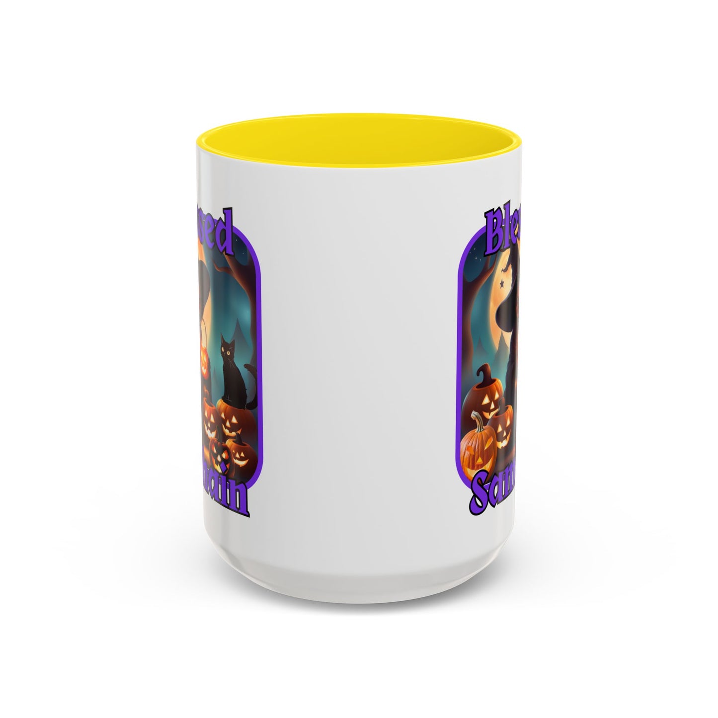 Blessed Samhain Cute Witch Purple font White Accent Mug by CreepyCrafts.boo