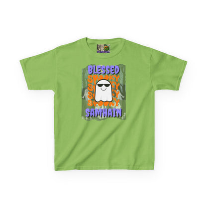 Spooky Blessed Samhain Ghost Purple font Kids Heavy Cotton™ Tee by CreepyCrafts.boo