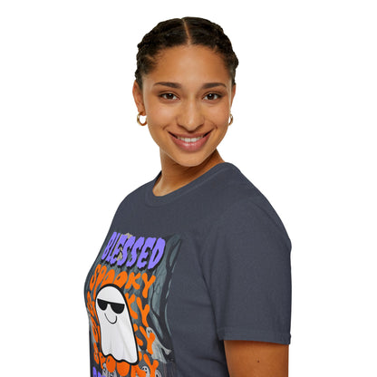 Spooky Blessed Samhain Ghost Purple font Unisex T-Shirt by CreepyCrafts.boo