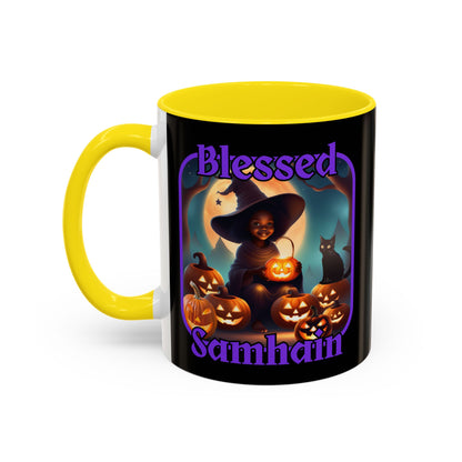 Blessed Samhain Cute Witch Purple font Black Accent Mug by CreepyCrafts.boo