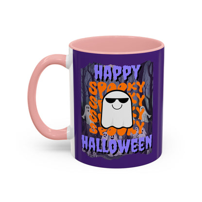 Spooky Happy Halloween Ghost Purple font Purple Accent Mug by CreepyCrafts.boo