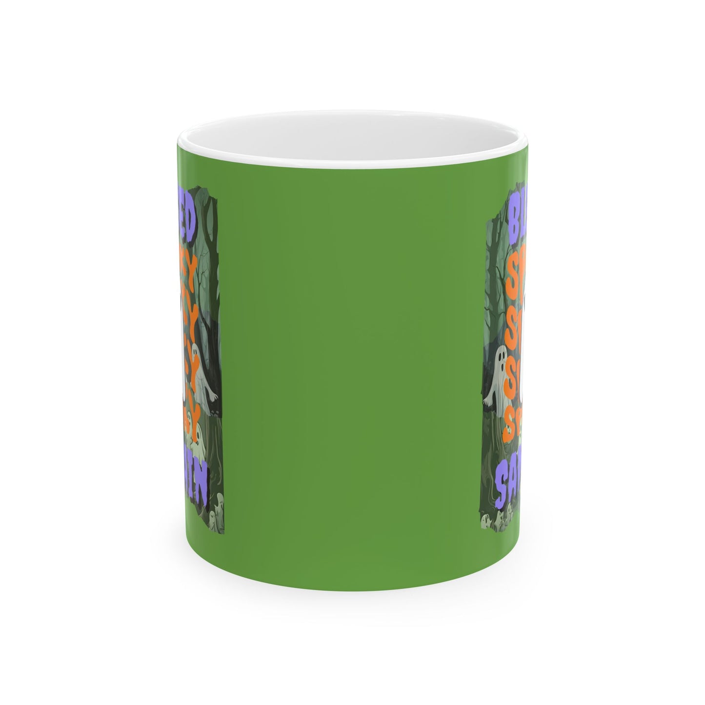 Spooky Blessed Samhain Ghost Purple font Green Mug by CreepyCrafts.boo