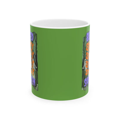 Spooky Blessed Samhain Ghost Purple font Green Mug by CreepyCrafts.boo