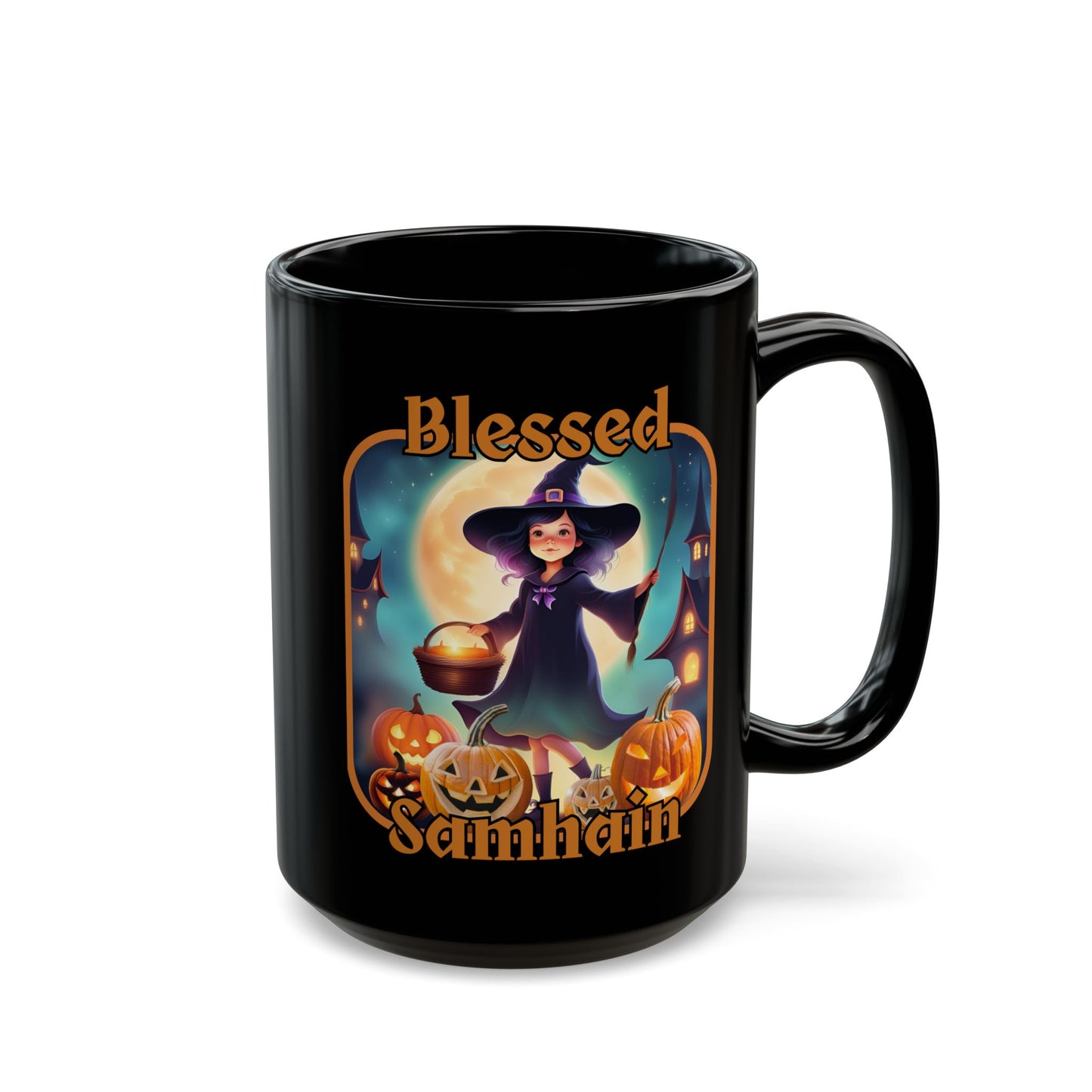 Blessed Samhain Little Witch Orange font Black Mug by CreepyCrafts.boo