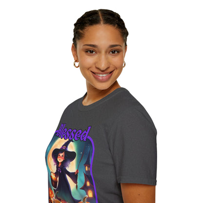 Blessed Samhain Little Witch Purple font Dark colors Unisex T-Shirt by CreepyCrafts.boo