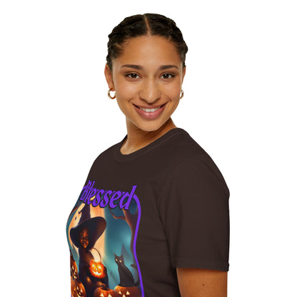 Blessed Samhain Cute Witch Purple font Dark colors Unisex T-Shirt by CreepyCrafts.boo