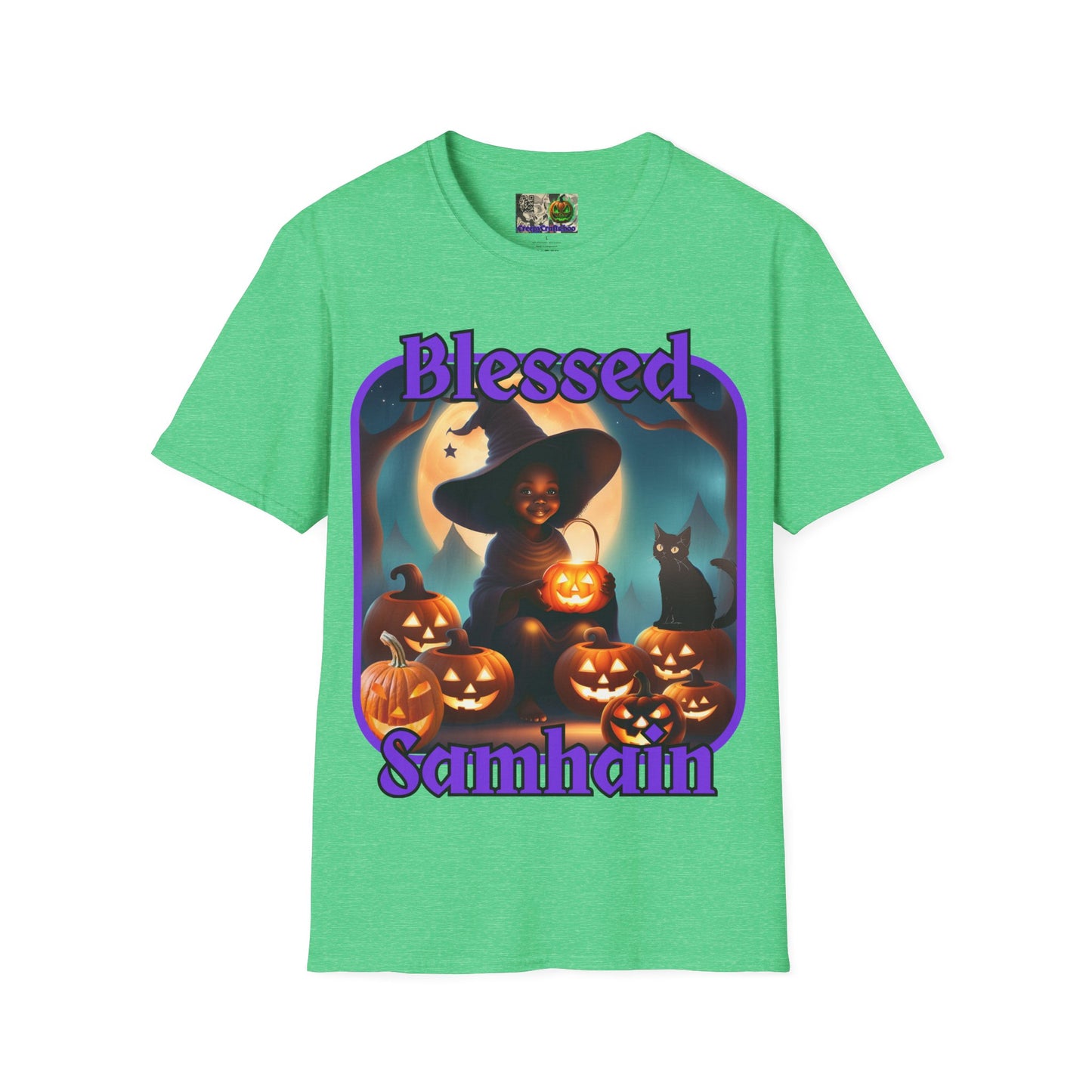 Blessed Samhain Cute Witch Purple font Dark colors Unisex T-Shirt by CreepyCrafts.boo
