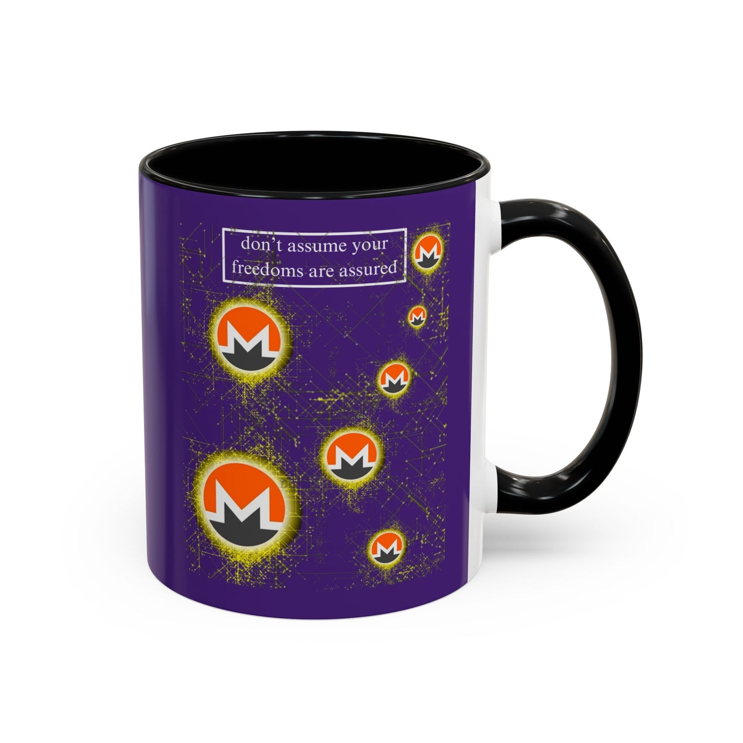 Monero (XMR) don't assume your freedoms are assured Purple Accent Mug by cypherpunkgear.com