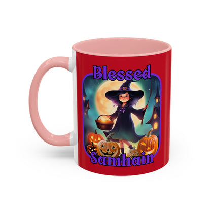 Blessed Samhain Little Witch Purple font Red Accent Mug by CreepyCrafts.boo