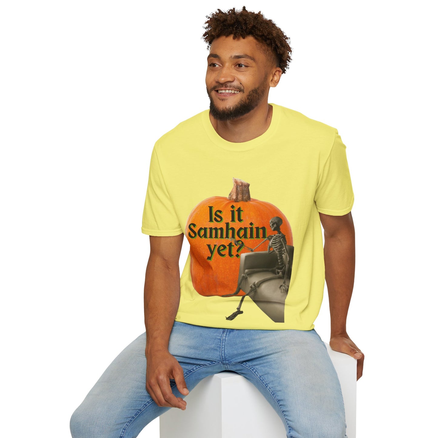 Is It Samhain Yet? Skeleton's Giant Pumpkin Light colors Unisex T-Shirt by CreepyCrafts.boo
