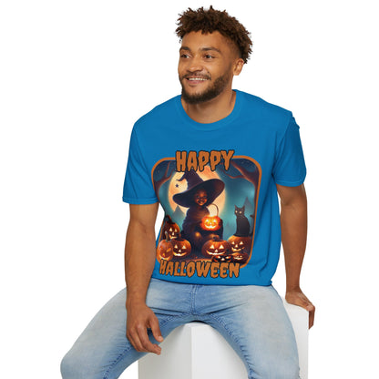 Happy Halloween Cute Witch Orange font, Dark colors, Unisex T-Shirt by CreepyCrafts.boo